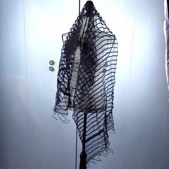 Womens Scarf EXTRA Long & Wide Black SHEER W/ Vertical Stripes FRINGE on Ends - Picture 2 of 6
